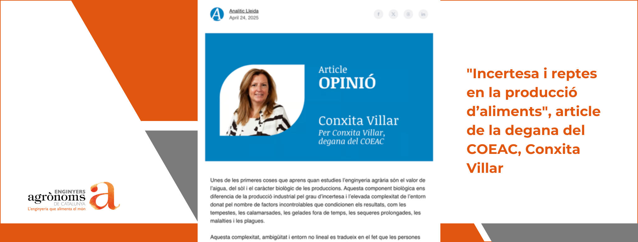 “Incertesa i reptes en la producció d’aliments”, article de la degana del COEAC, Conxita Villar