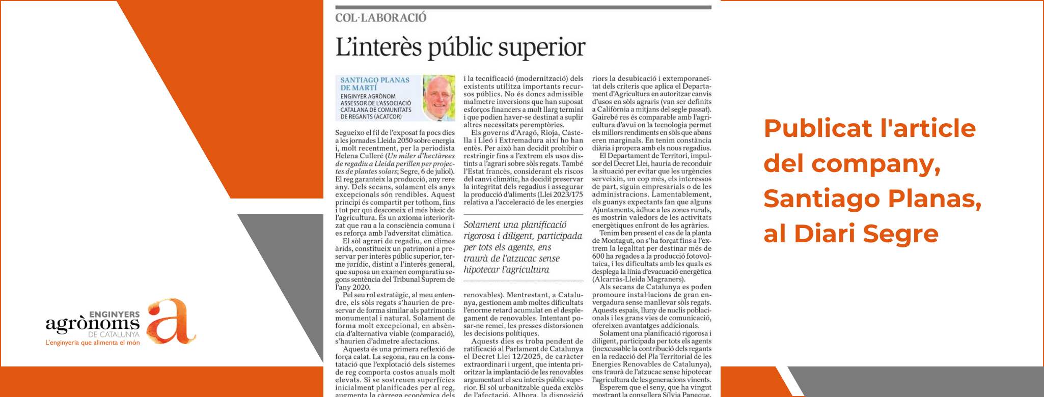Publicat l’article del company, Santiago Planas, al Diari Segre