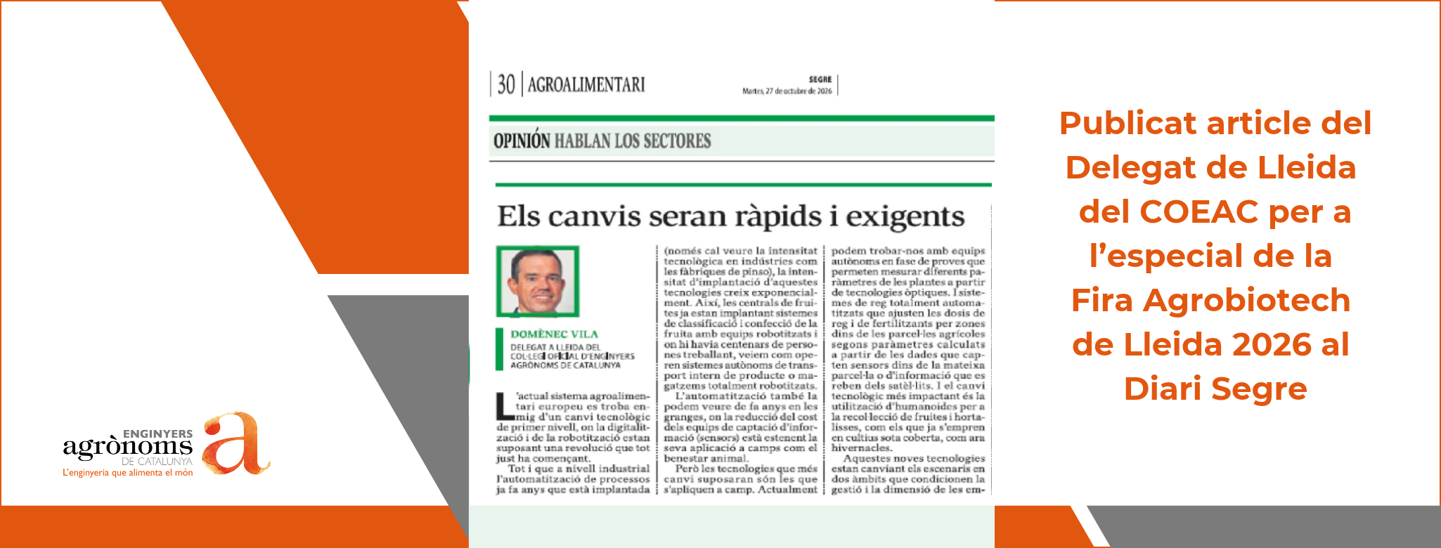 Publicat article del Delegat de Lleida del COEAC per a l’especial de la Fira Agrobiotech de Lleida 2026  al Diari Segre