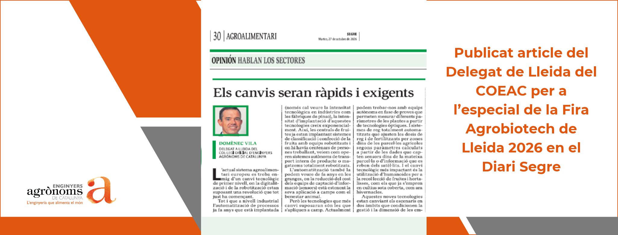 Publicat article del Delegat de Lleida del COEAC per a l’especial de la Fira Agrobiotech de Lleida 2026 en el Diari Segre